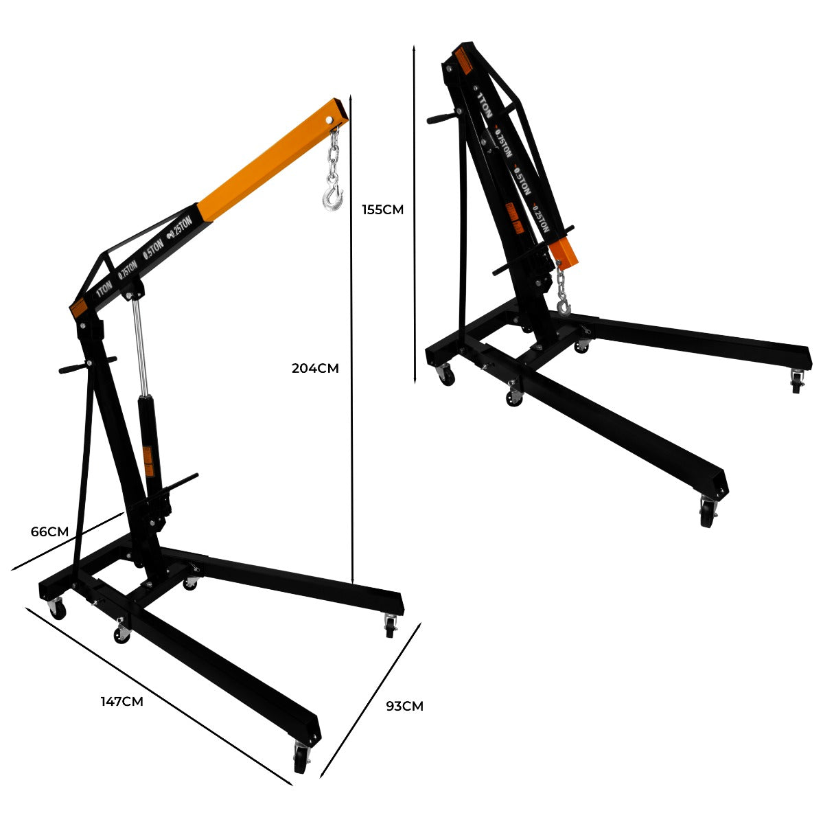 Robuster T-Mech Werkstattkran in Schwarz und Orange, mit verstellbarem Arm und stabiler Basis, ideal zum Heben von Motoren bis 1000 kg