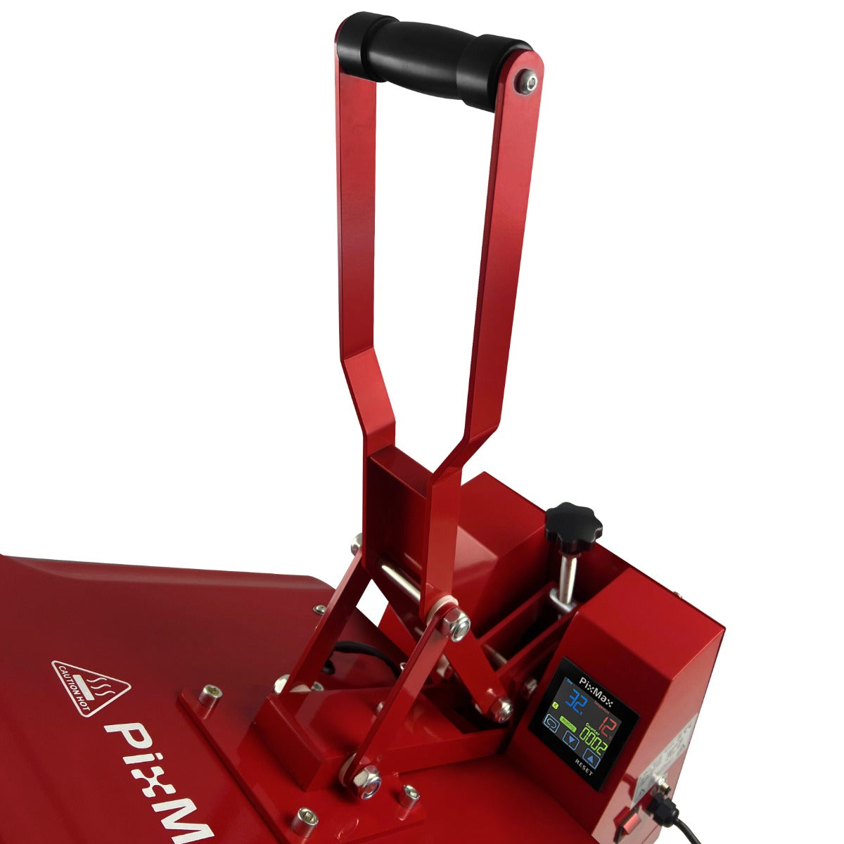 Rote PixMax Transferpresse mit einem stabilen Griff, digitalem Temperaturregler und robustem Design, ideal für Textildruckprojekte