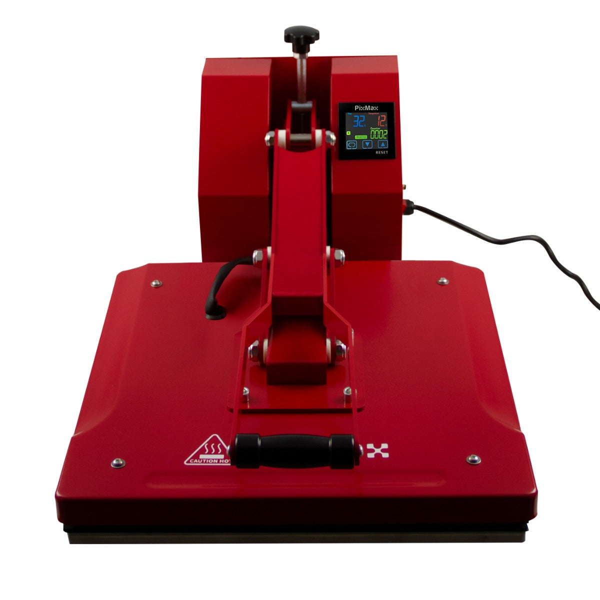 Rote PixMax Transferpresse mit digitalem Display, 50 x 50 cm, robustem Gehäuse und ergonomischem Griff für präzises Übertragen von Designs