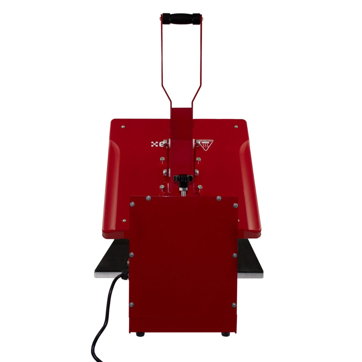 Rote PixMax Transferpresse mit einer Arbeitsfläche von 50 x 50 cm, robustem Gehäuse und ergonomischem Griff für einfache Handhabung
