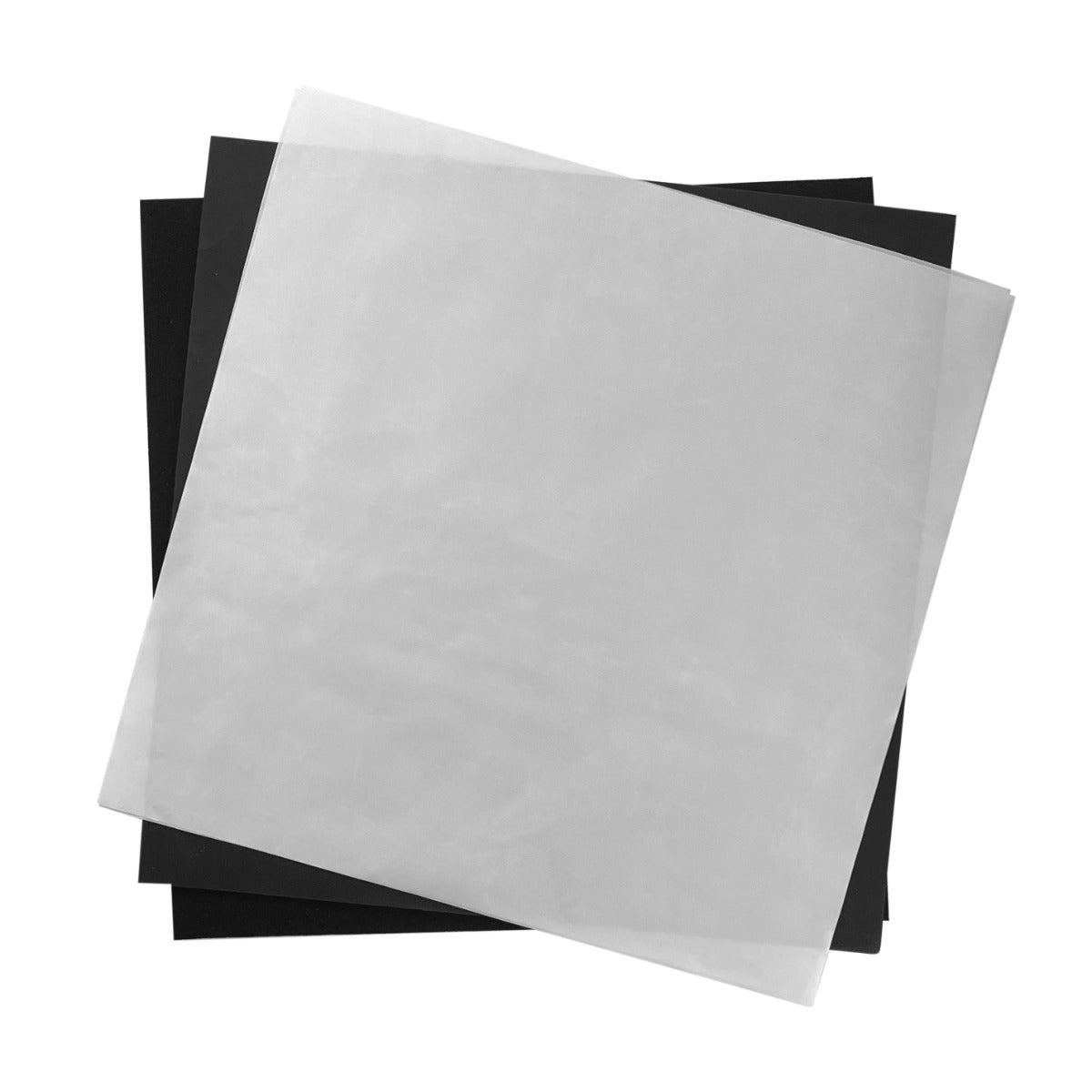 Schwarze und transparente Transferfolien in quadratischer Form, ideal für die Verwendung mit der PixMax Transferpresse 50 x 50 cm, vielseitig und langlebig