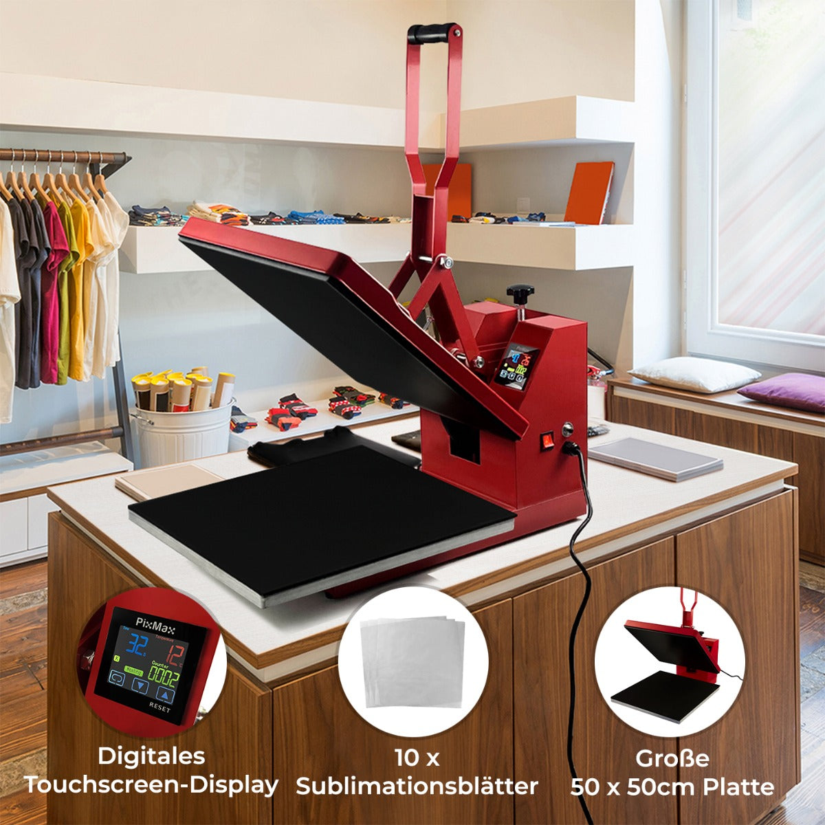 Rote PixMax Transferpresse mit digitalem Touchscreen-Display, 50 x 50 cm Platte, auf einem Tisch in einem hellen Raum mit Kleidung im Hintergrund