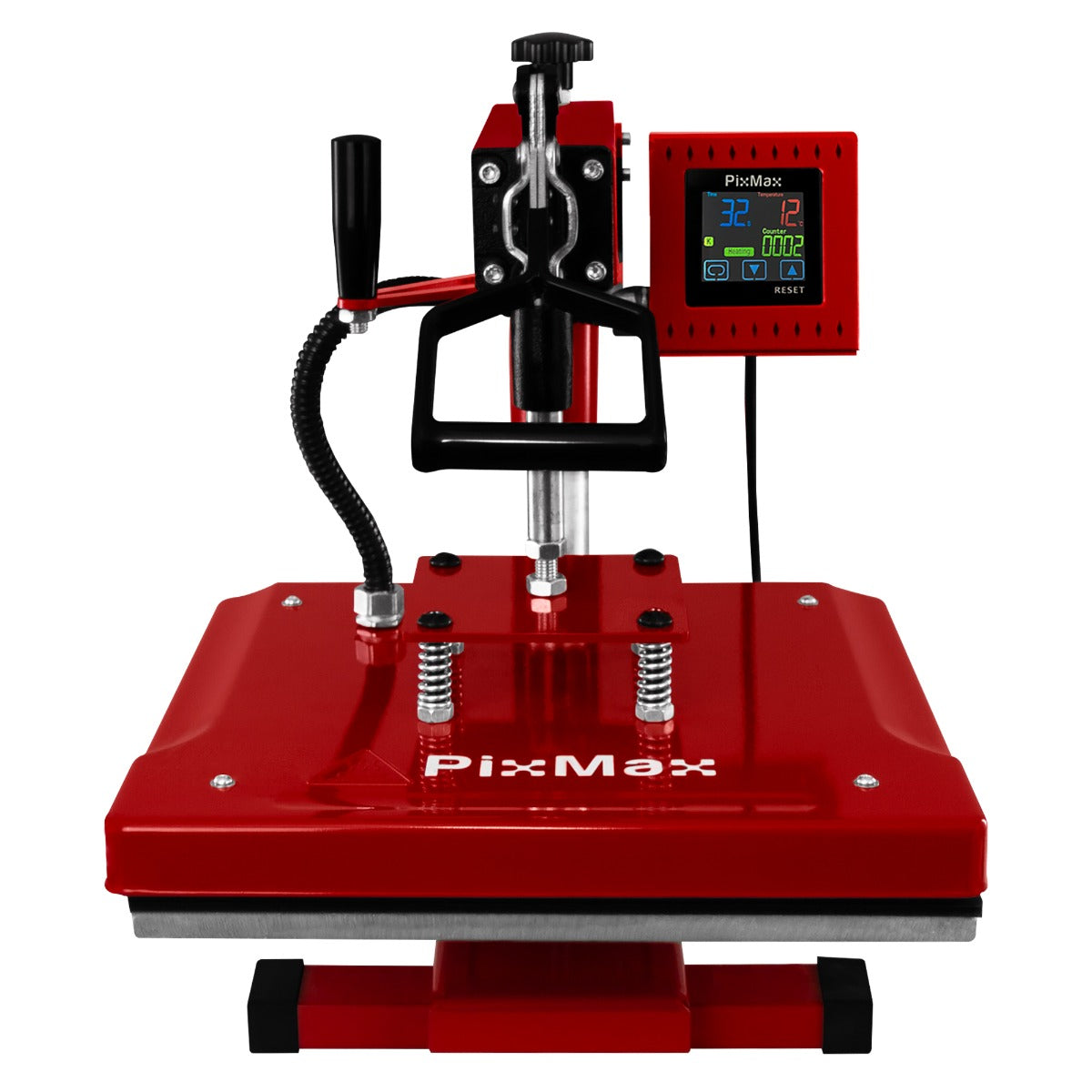 Rote PixMax 38cm Schwing Transferpresse mit digitalem Display, robustem Griff und verstellbaren Druckknöpfen für präzises Drucken auf Textilien