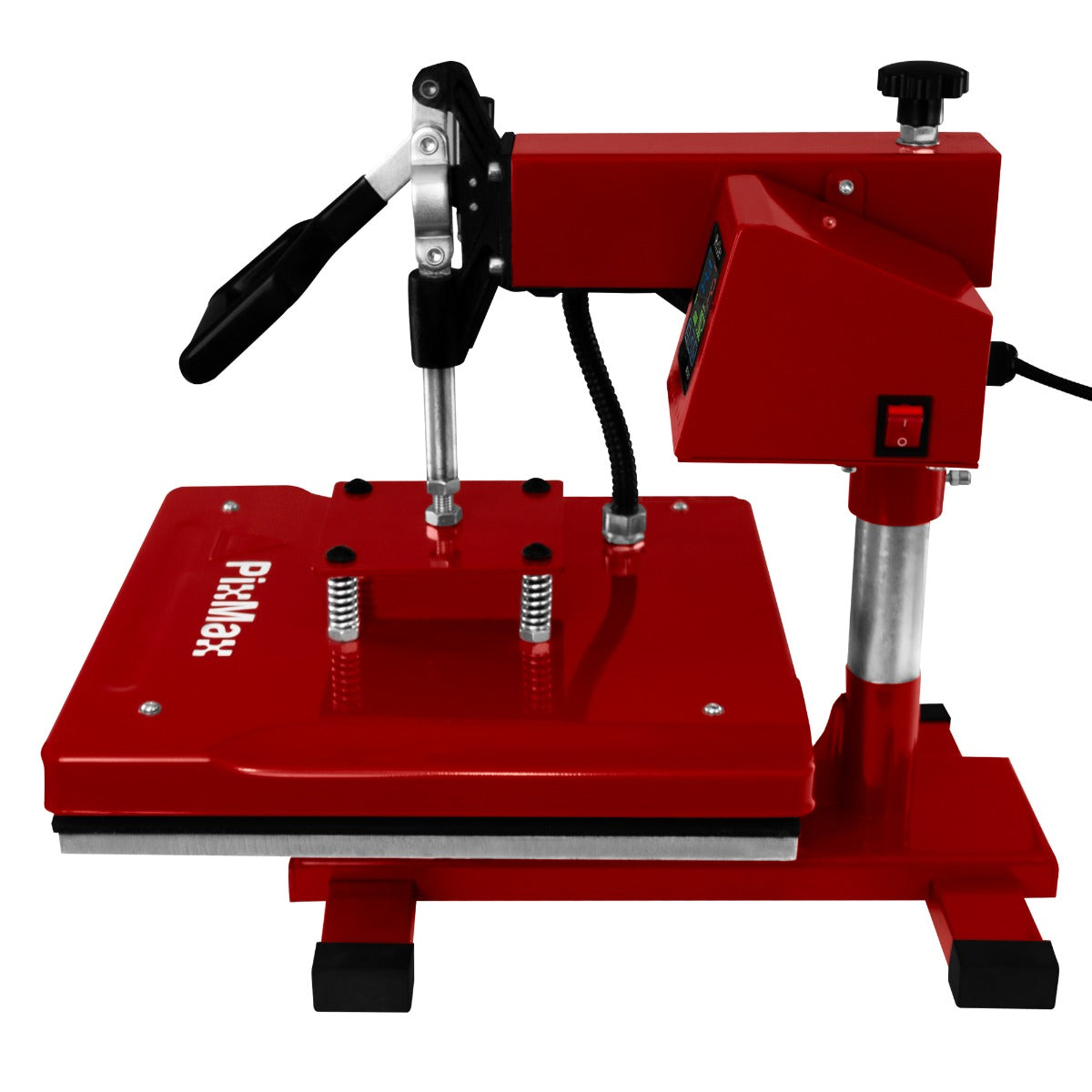 Schwenkbare Transferpresse in leuchtendem Rot mit einer 38 cm x 38 cm großen Heizplatte, stabilen Füßen und ergonomischem Griff für einfache Handhabung