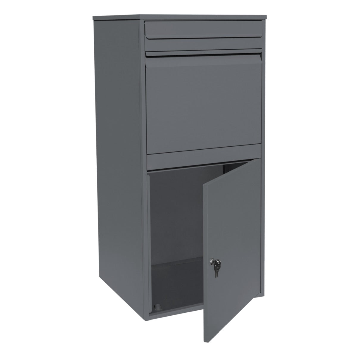 XL Anti-Diebstahl Paketkasten in Grau, aus robustem Metall, mit abschließbarem Fach, schlichter, moderner Form und glatter Oberfläche