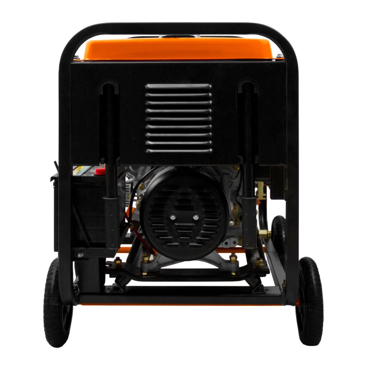 Offener Dieselgenerator T-Mech 5kVA mit schwarzem Gehäuse, orangefarbener Oberseite, robusten Rädern und sichtbarem Motor auf der Rückseite