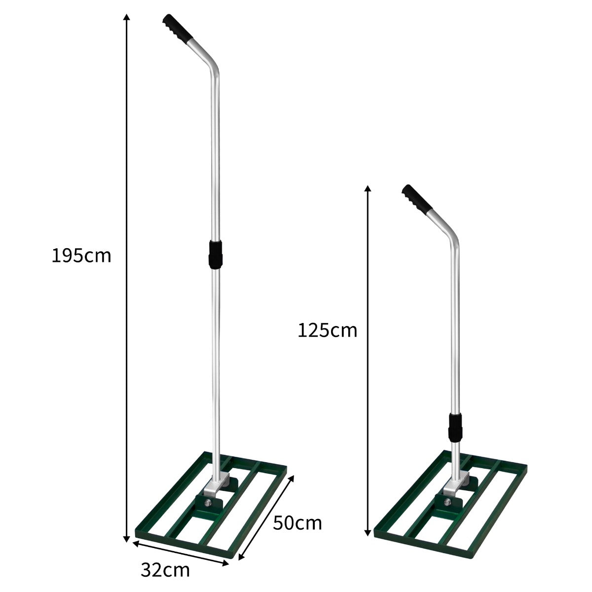 Grüner T-Mech Rasenrakel mit 50 cm breiter Basis, ergonomischem Griff und robustem, pulverbeschichtetem Metallrahmen für effizientes Rasenpflege