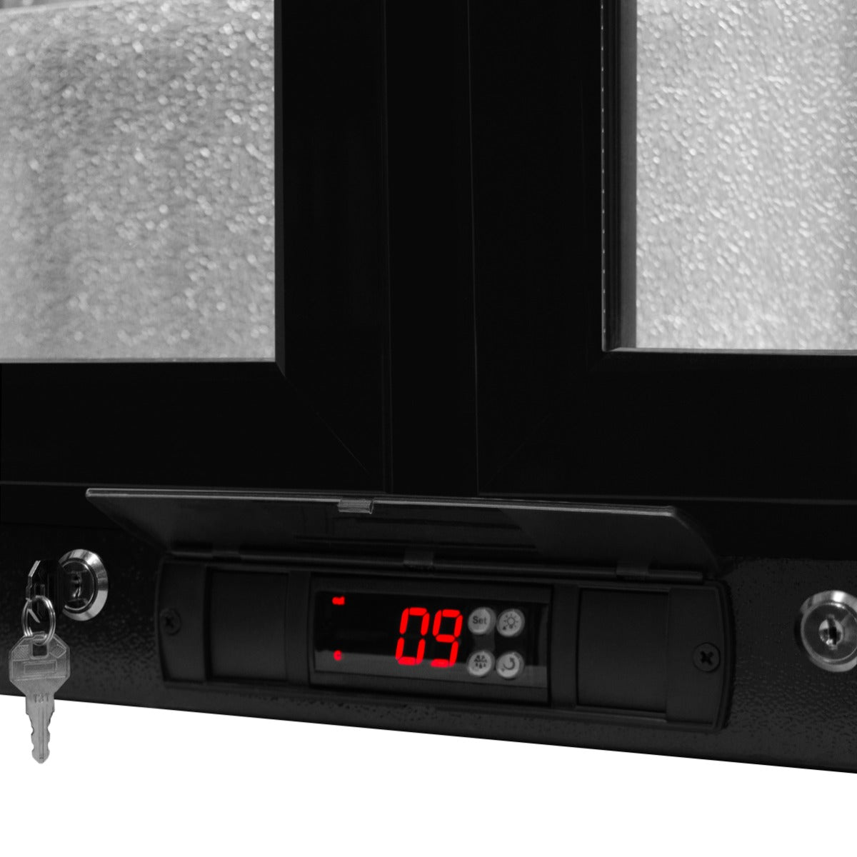 Schwarzer Barkühlschrank mit Doppel-Scharniertür, digitalem Thermometer und Schlüssel, ideal für die Lagerung von Flaschen und Getränken