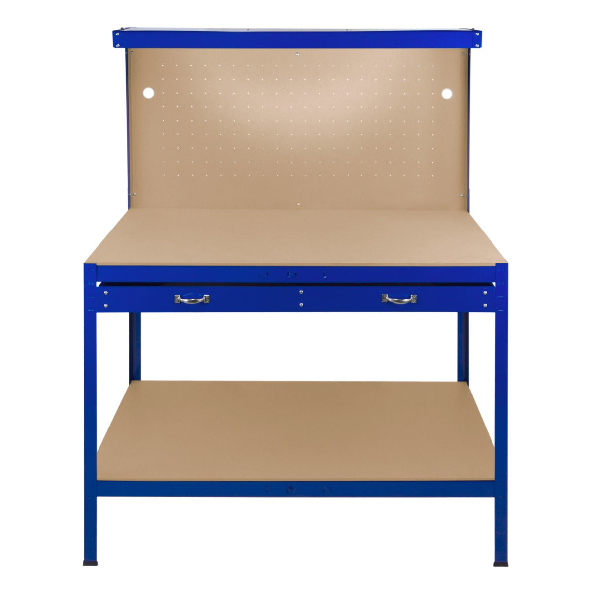 Robuste blaue Werkbank mit Lochwand, zwei Schubladen und einer praktischen Arbeitsfläche aus hellem Holz, ideal für Werkstätten und Hobbyräume