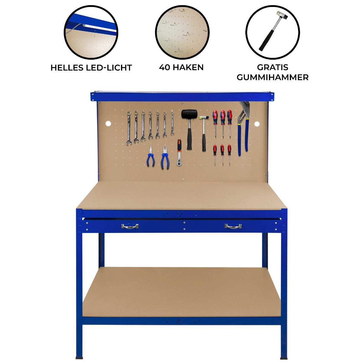 Blau lackierte Werkbank mit Lochwand, Schublade und hellem LED-Licht, ausgestattet mit 40 Haken und verschiedenen Werkzeugen, inklusive Gummihammer