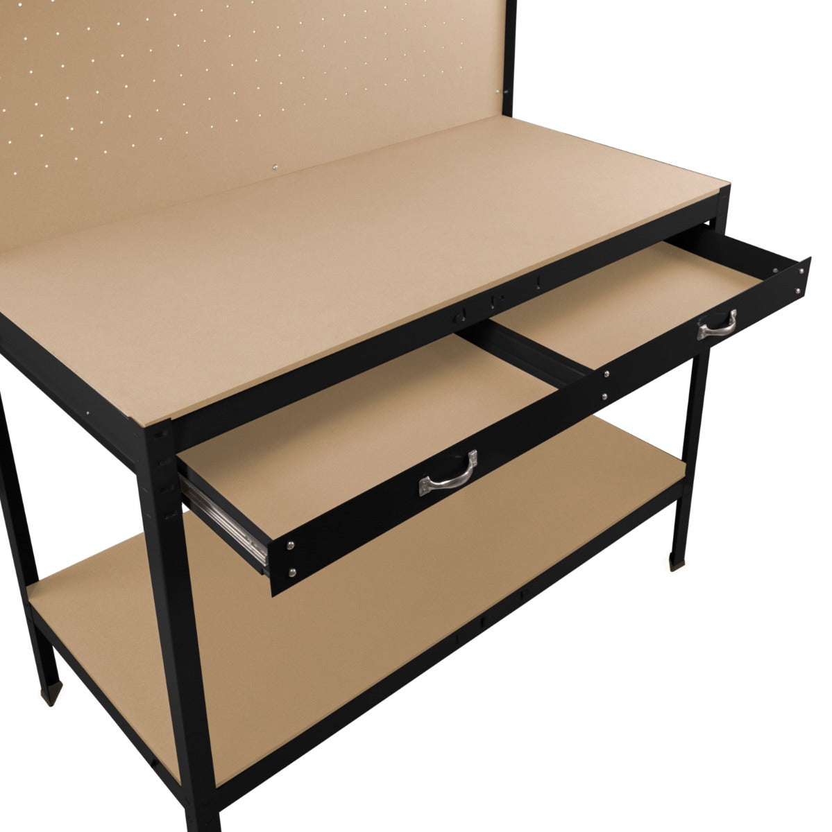 Schwarze Werkbank mit Lochwand, zwei Schubladen und integrierter Beleuchtung, aus robustem Material, ideal für Werkstätten und Hobbyräume