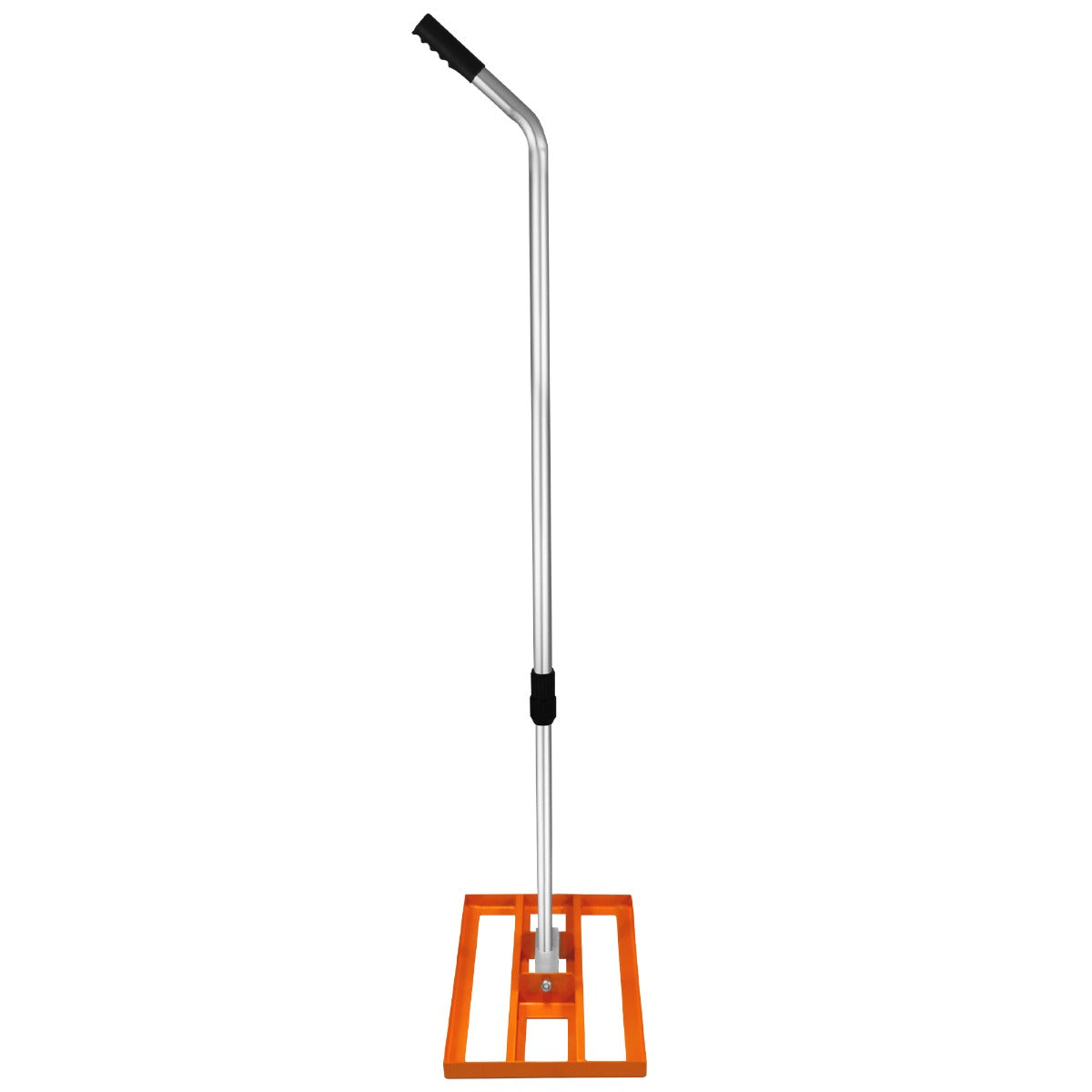 Rasenrakel in leuchtendem Orange mit einem stabilen Aluminiumgriff und einer breiten, flachen Basis für effektives Arbeiten im Garten
