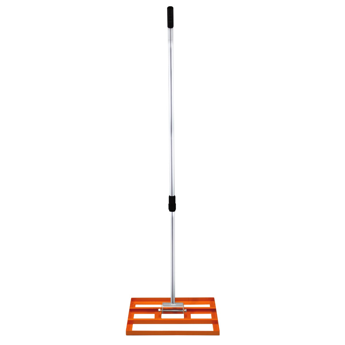 Rasenrakel in leuchtendem Orange mit einem stabilen, geraden Aluminiumgriff und einem robusten, rechteckigen Fuß für präzises Arbeiten im Garten