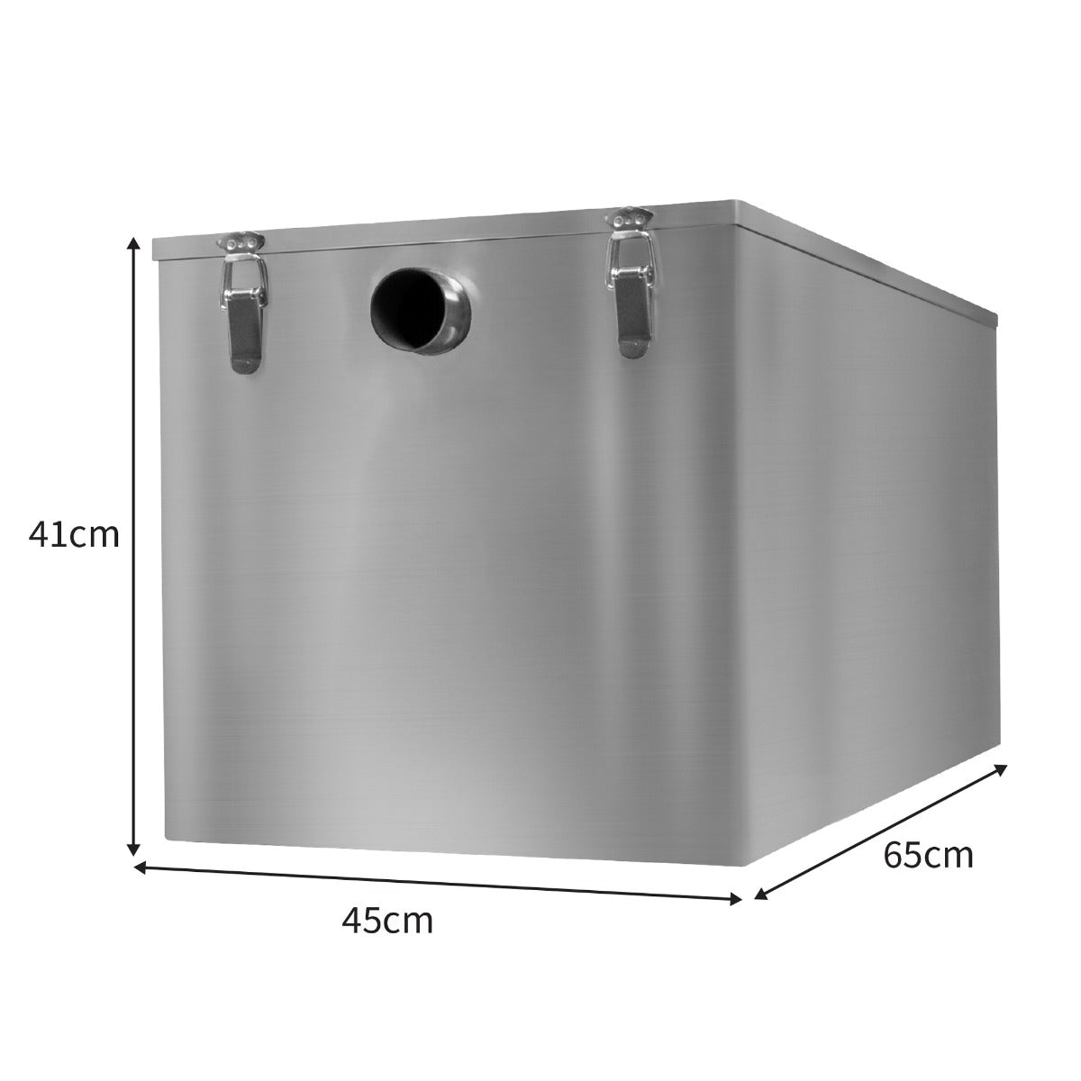 Edelstahl Fettabscheider mit einer Kapazität von 120L, rechteckig, glänzende Oberfläche, Maße 65cm x 45cm x 41cm, ideal für Gastronomiebetriebe