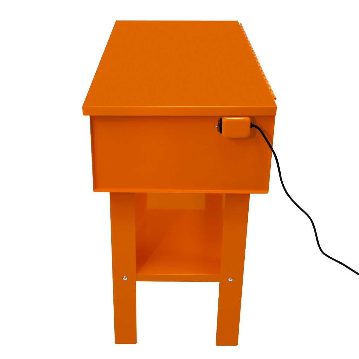 Teilewaschgerät in leuchtendem Orange, rechteckiger Korpus mit einer Schublade, stabilen Beinen und einem Kabel für den Anschluss, ideal für Werkstätten