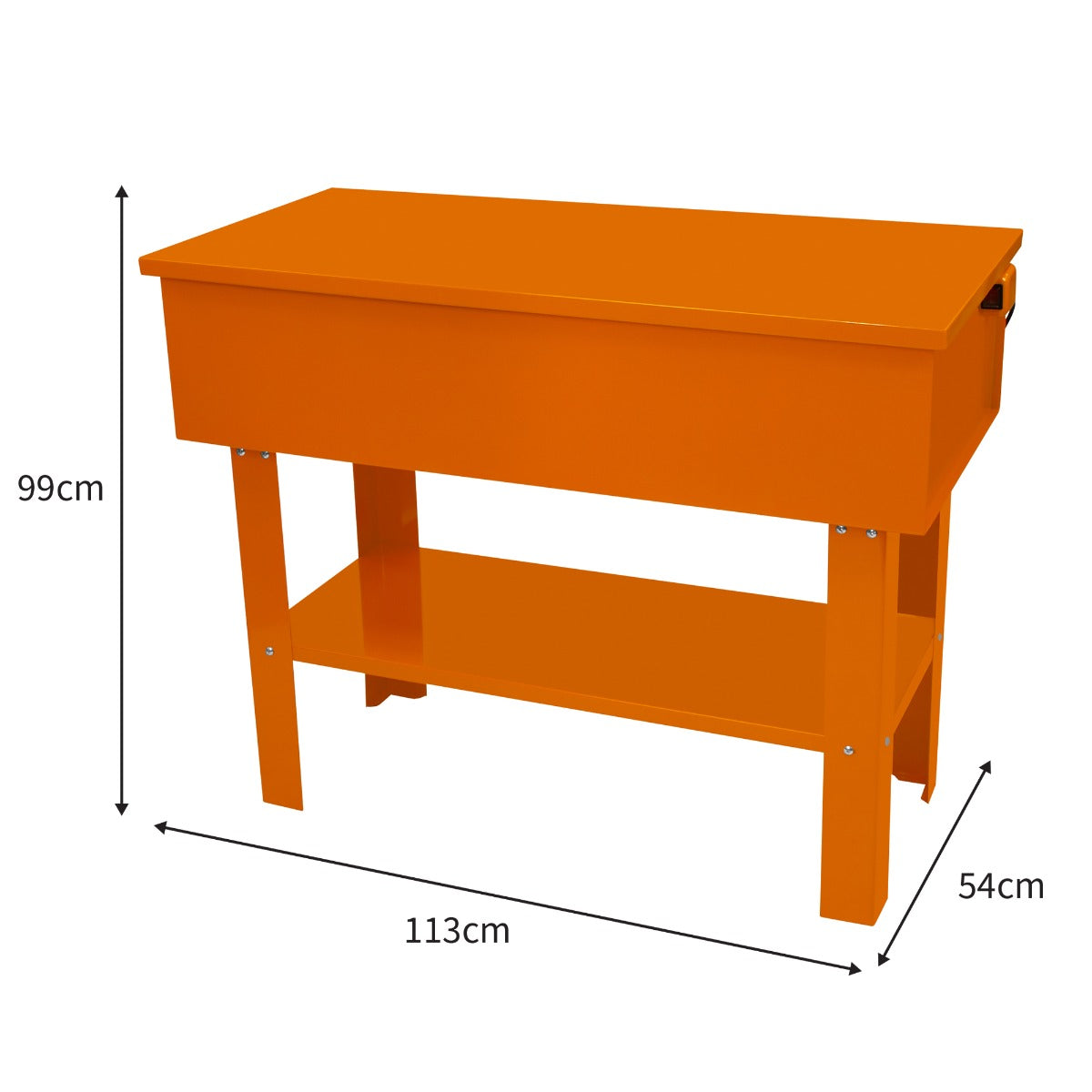 Teilewaschgerät in leuchtendem Orange, 180L, mit stabiler Tischplatte, darunter Ablagefläche, ideal für Werkstätten und industrielle Anwendungen