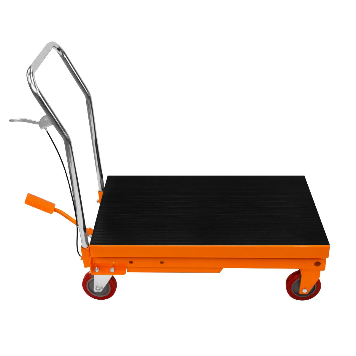 Hydraulischer Hubtisch in leuchtendem Orange mit schwarzer, rutschfester Oberfläche und stabilen roten Rollen für einfache Mobilität und Nutzung