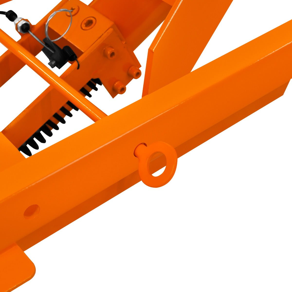 Hydraulischer Hubtisch in leuchtendem Orange mit robustem Metallrahmen, verstellbarer Höhe und präzisen Mechanismen für einfache Handhabung