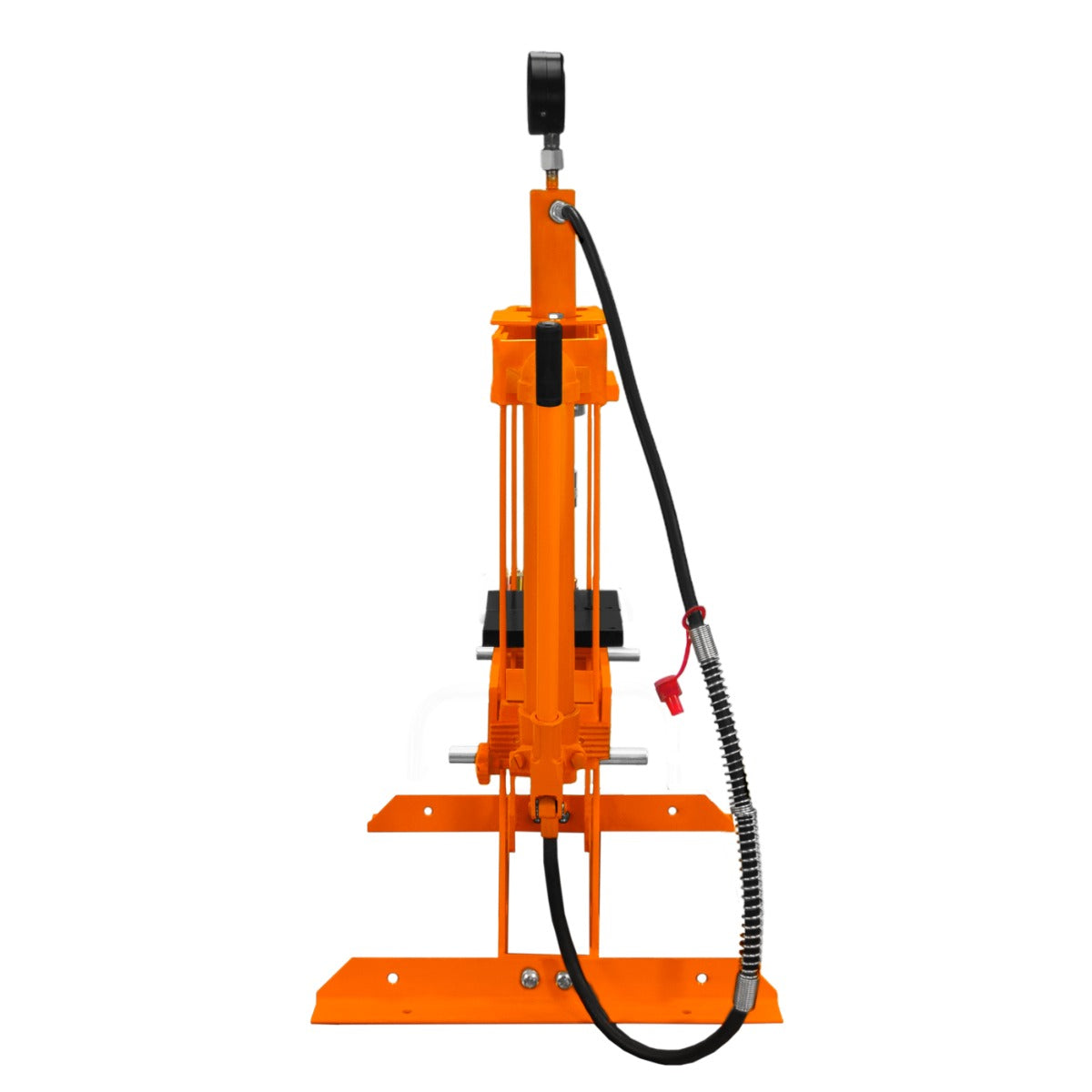 Hydraulische Werkstattpresse in leuchtendem Orange mit Manometer, stabiler Basis und zwei Druckplatten für vielseitige Anwendungen bis 10 Tonnen