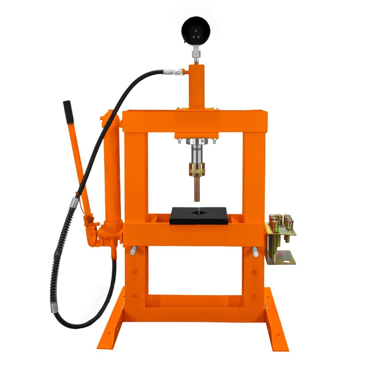 Hydraulische Werkstattpresse in leuchtendem Orange mit Manometer, stabiler Konstruktion und einer Druckkapazität von 10 Tonnen, ideal für Werkstätten
