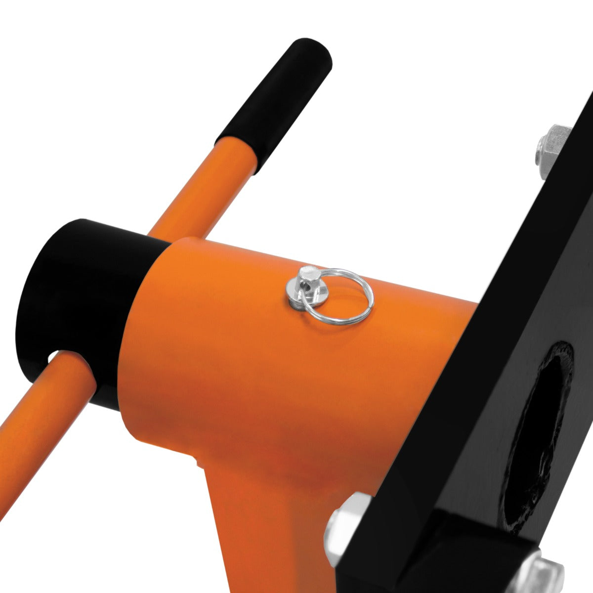 Robuster orange Motorständer mit schwarzem Griff, stabiler Konstruktion und Sicherheitsring zur Befestigung, ideal für Werkstätten und Garagen