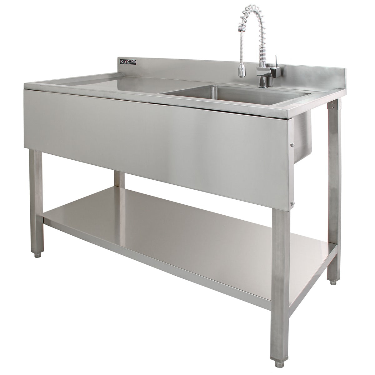 Edelstahl Gastrospüle mit einem rechteckigen Becken, glänzender Oberfläche, flexibler Sprühbrause und stabiler Unterablage für Küchenbedarf