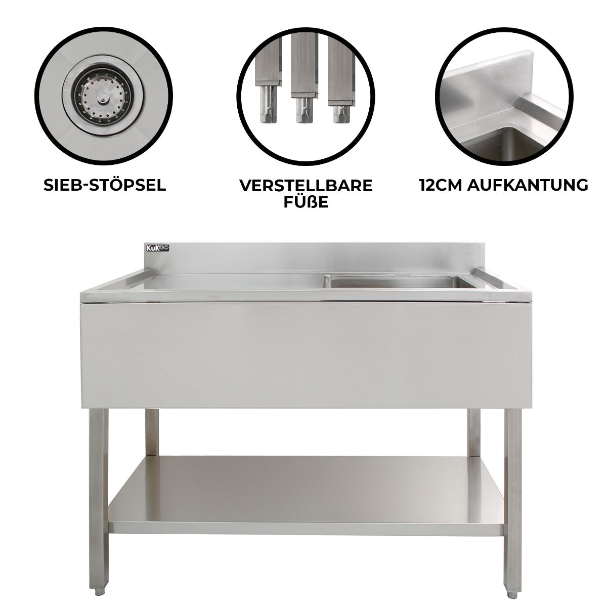 Edelstahl Gastrospüle mit einem Becken, verstellbaren Füßen, 12 cm Aufkantung und Sieb-Stöpsel, ideal für gewerbliche Küchenanwendungen