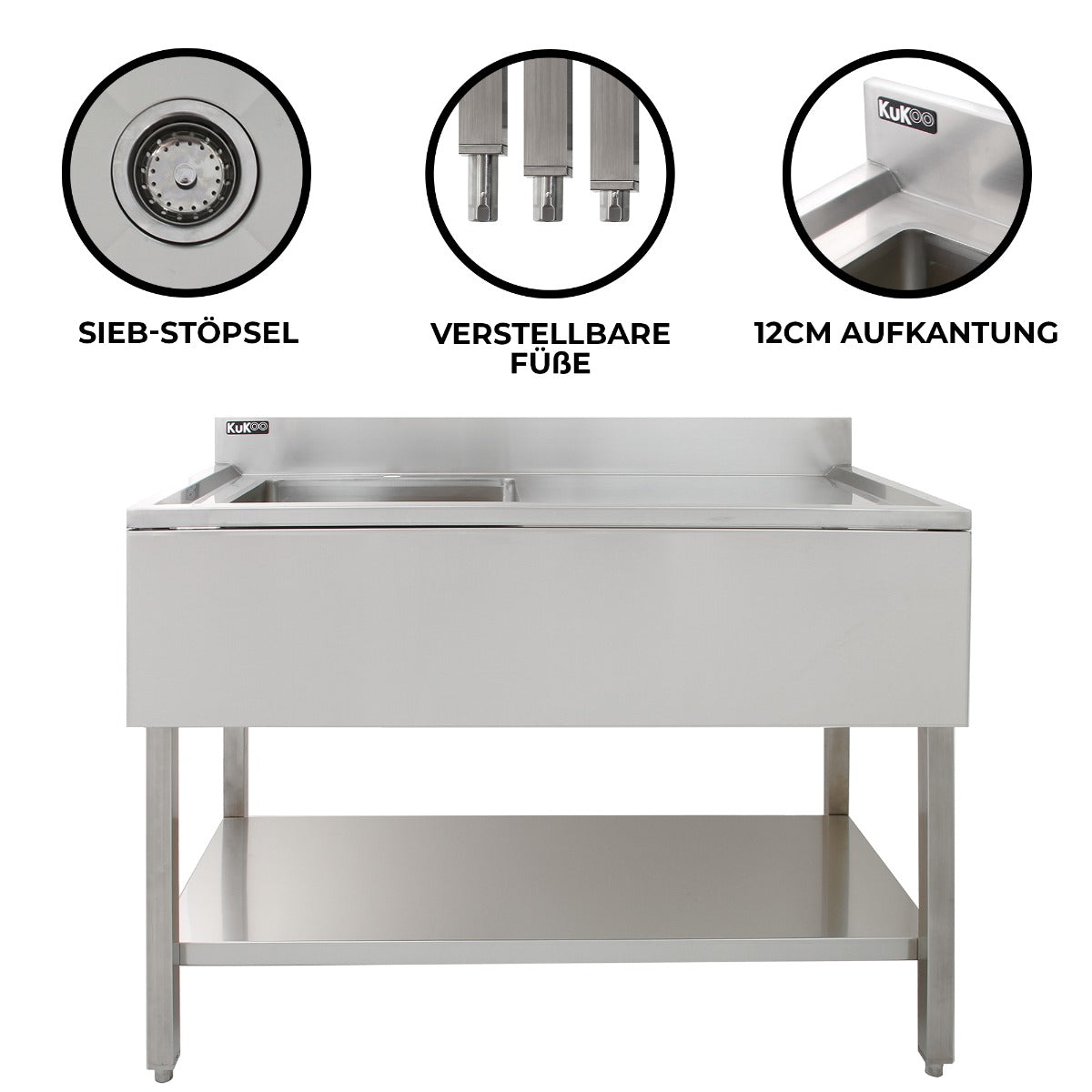 Edelstahl Gastrospüle mit einem Becken links, verstellbaren Füßen, 12 cm Aufkantung und Sieb-Stöpsel, ideal für Gastronomie und professionelle Küchen