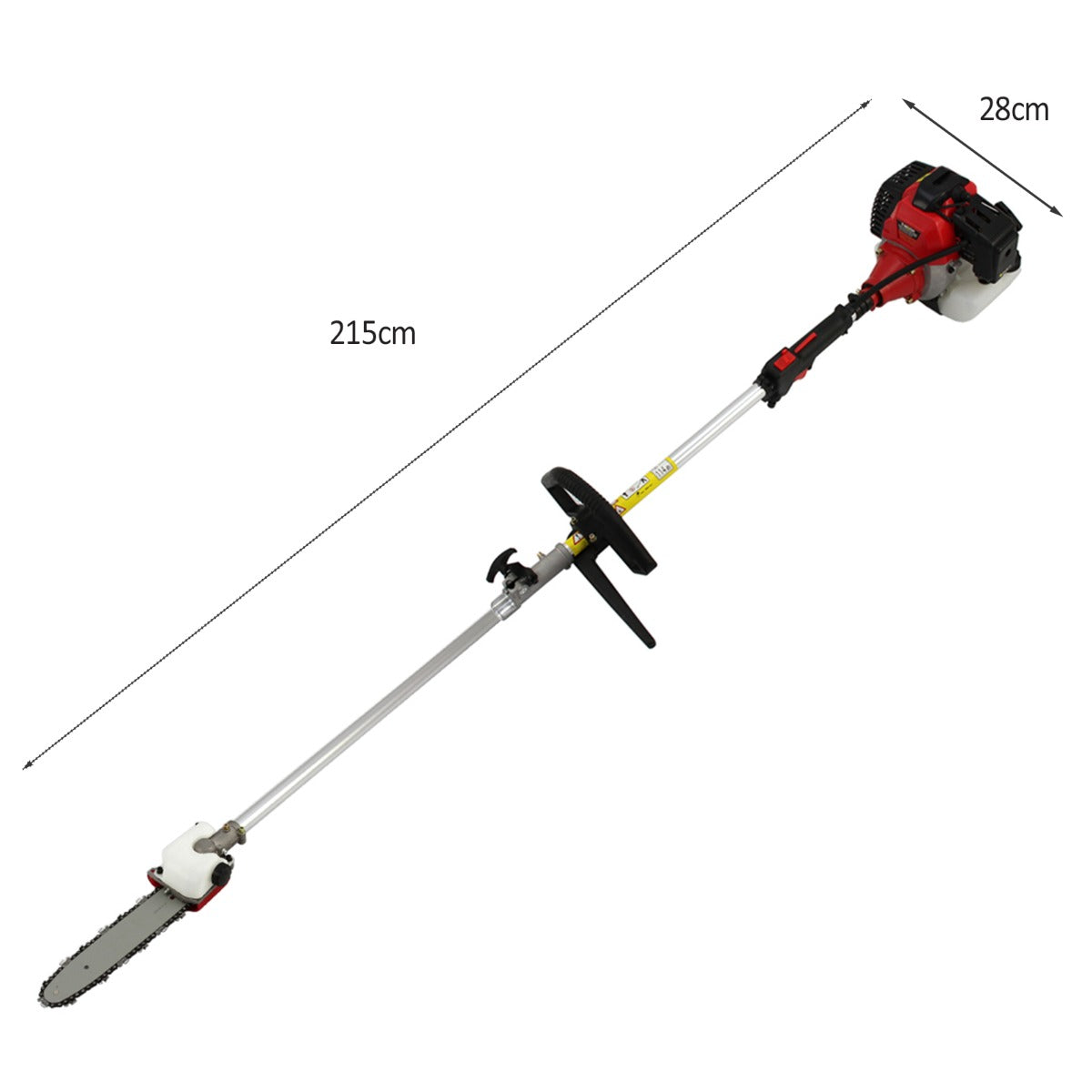 T-Mech 5 in 1 Multiwerkzeug in Rot und Silber, mit einer langen, stabilen Aluminiumstange und einer Kettensäge am Ende, ideal für Gartenarbeiten