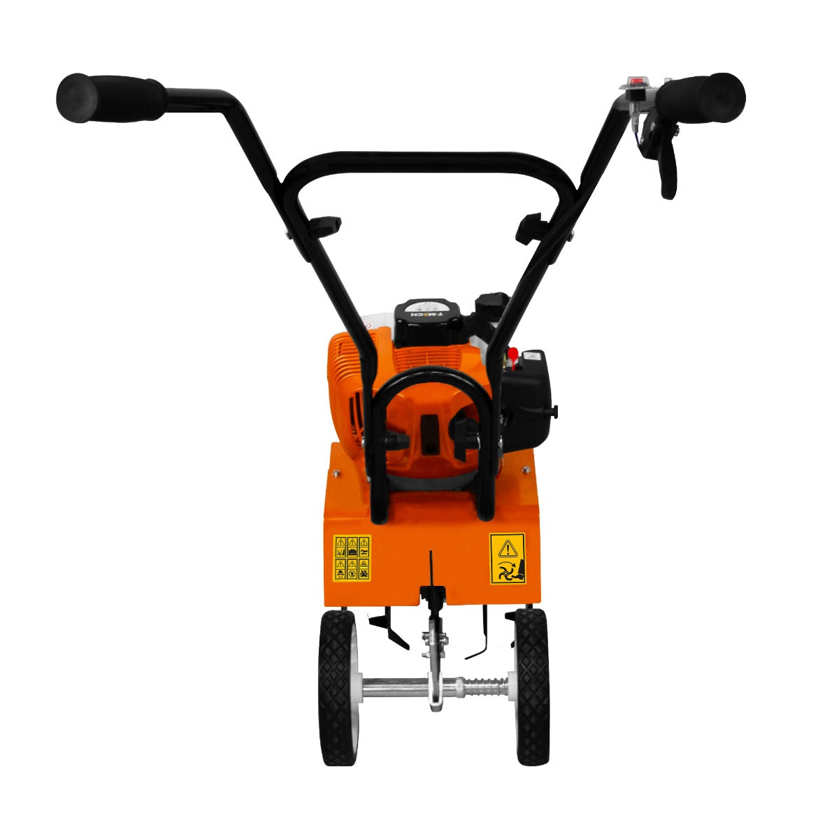 Die T-Mech Motorhacke in leuchtendem Orange mit robustem schwarzen Griff, zwei großen Rädern und einem leistungsstarken Motor für effizientes Gartenarbeiten
