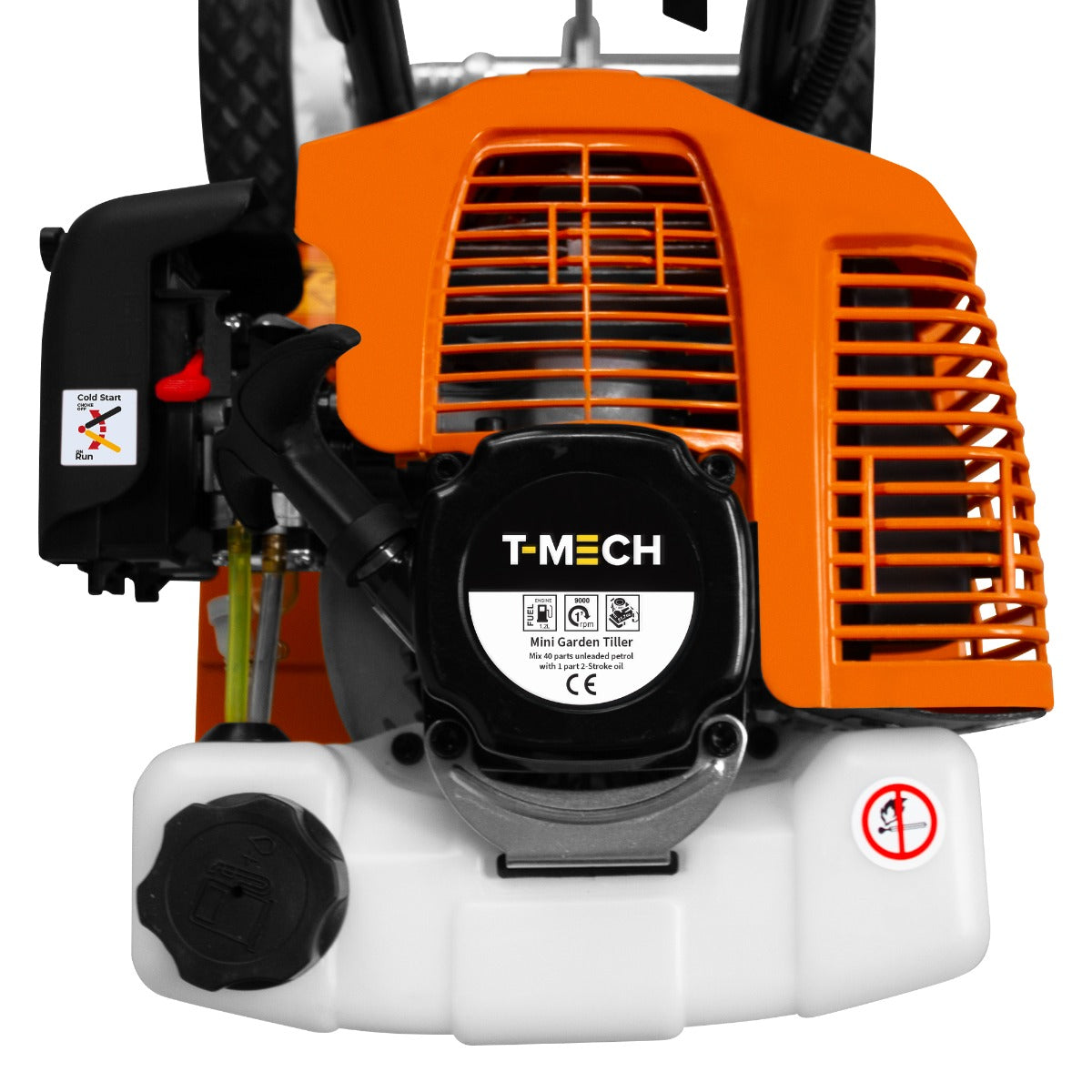 Kompakte T-Mech Motorhacke in leuchtendem Orange mit schwarzem Motor, Luftfiltergitter und benutzerfreundlichen Bedienelementen für effizientes Gartenarbeiten