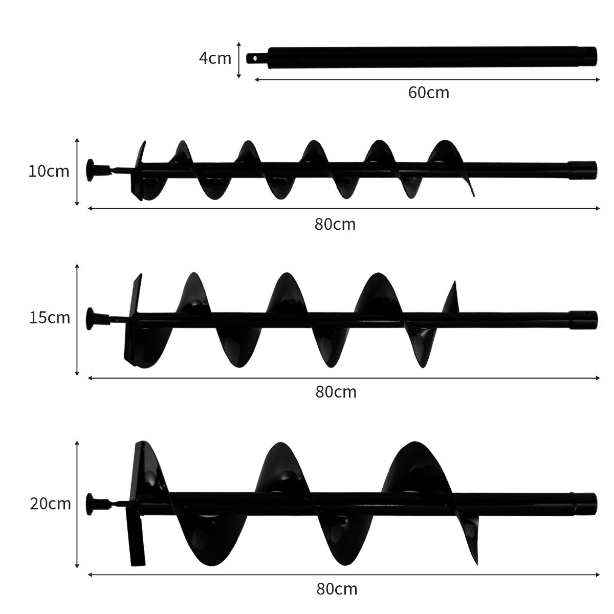 Schwarzer Erdbohrer mit spiralförmigen Klingen, verschiedenen Längen von 10 cm bis 20 cm, ideal für das Bohren in den Boden, robustes Material