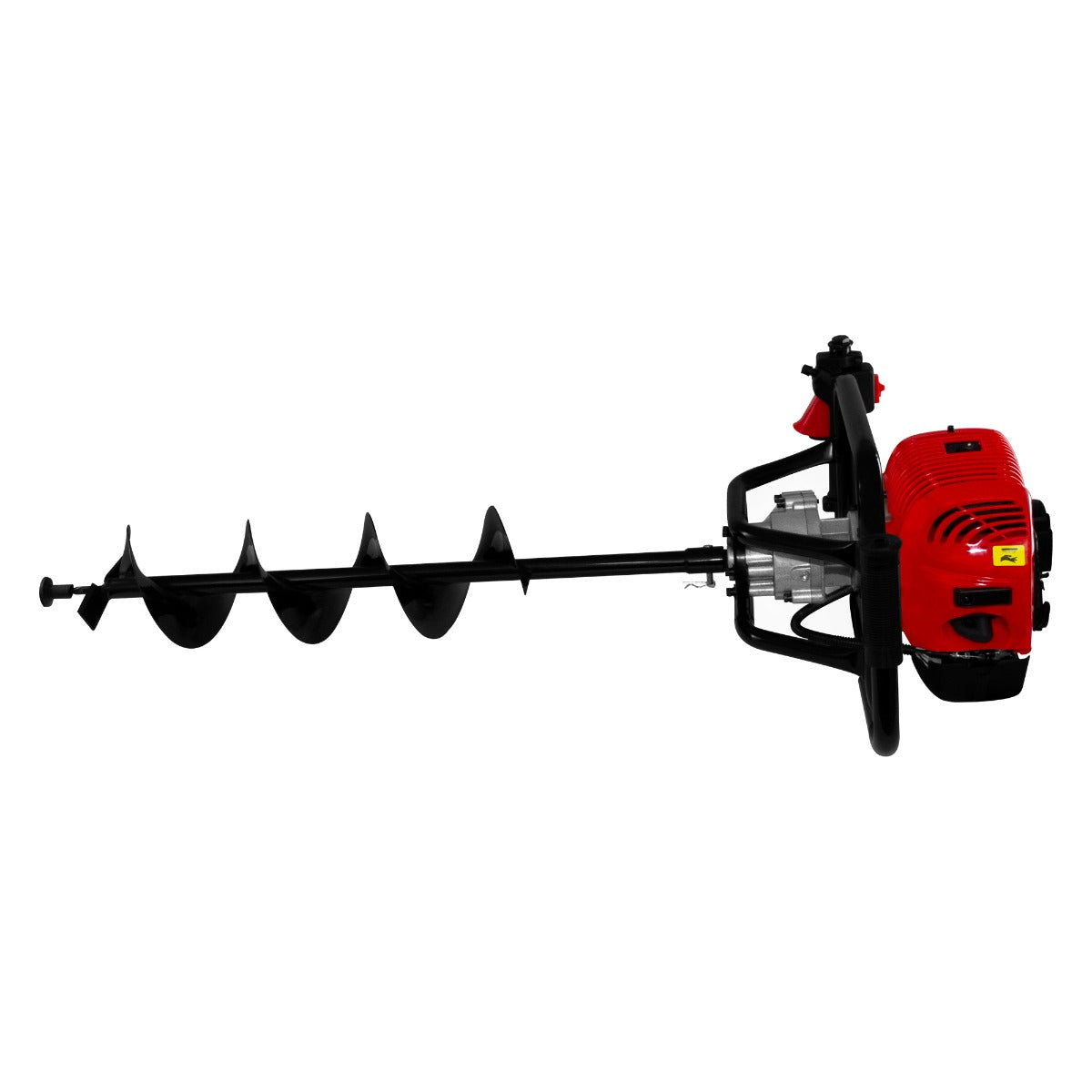 Der T-Mech Erdbohrer hat einen roten Motor, eine schwarze Metallstange und eine spiralförmige Bohrspitze aus robustem Stahl für effizientes Bohren in den Boden