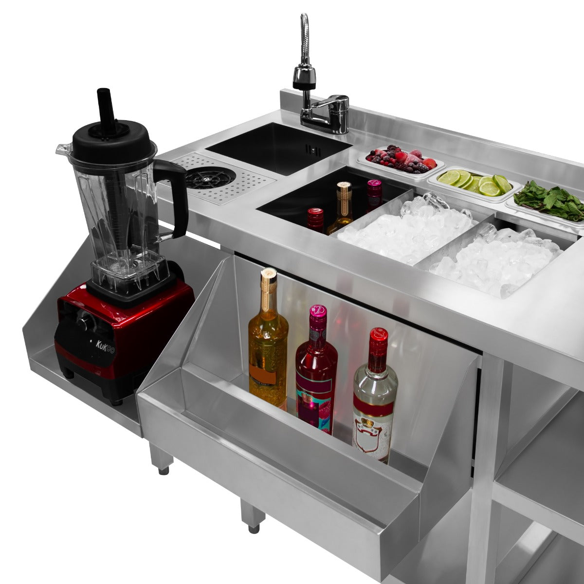 Moderne Duo-Barstation aus Edelstahl mit Mixer, Eisbehälter, frischen Zutaten und verschiedenen Spirituosen in klaren Flaschen