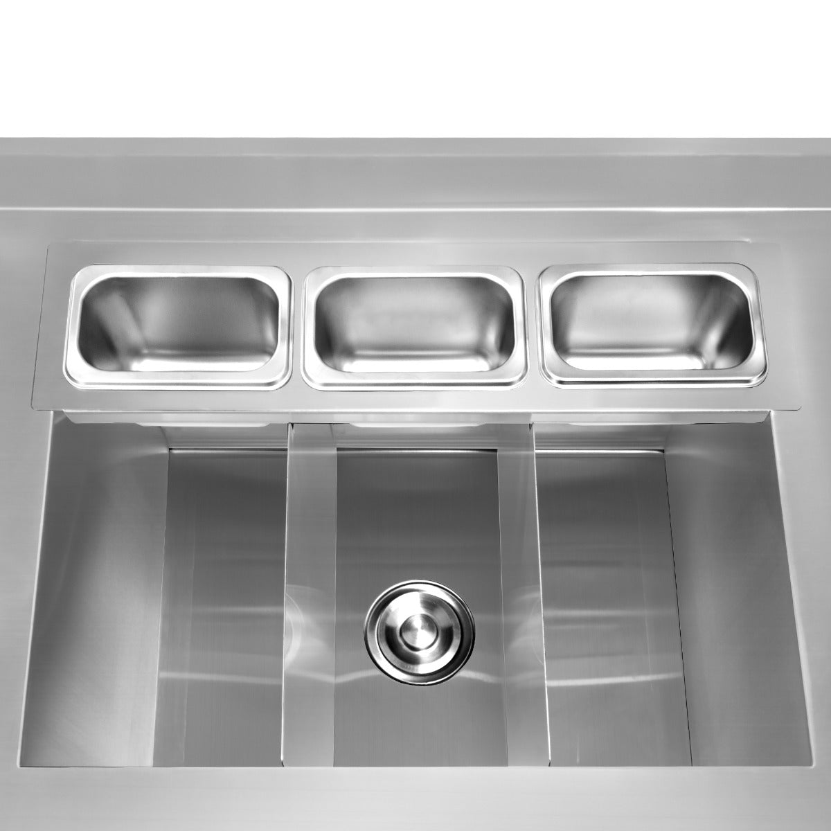 Edelstahl-Duo-Barstation mit drei rechteckigen Behältern, glänzender Oberfläche und zentralem Abfluss, ideal für Gastronomie und Catering