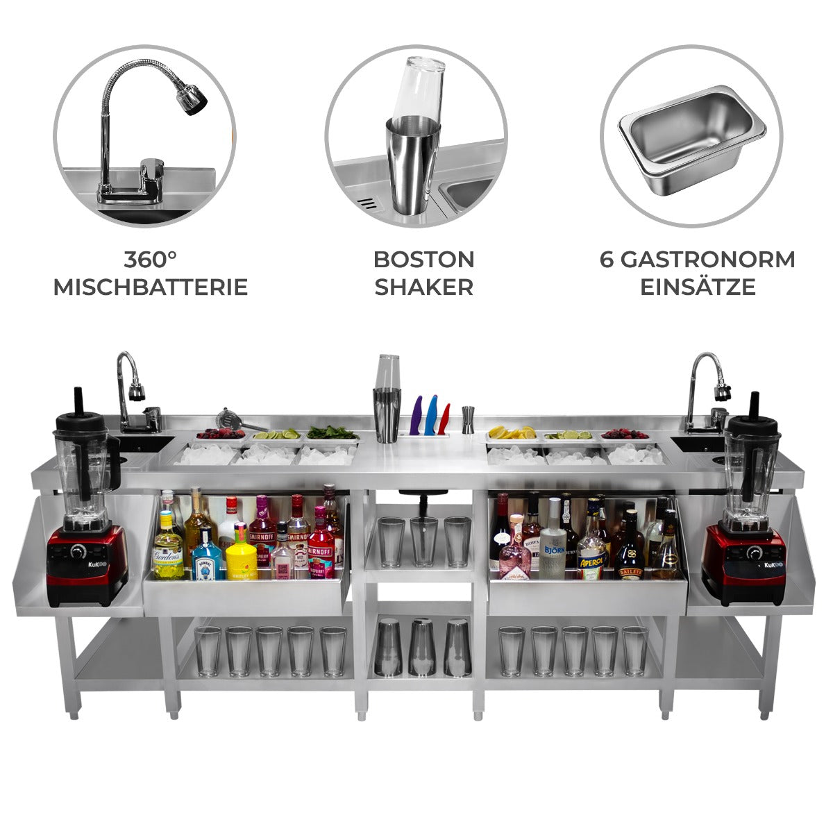 Elegante Duo-Barstation aus Edelstahl mit 360° Mischbatterie, Boston Shaker und sechs Gastronom-Einsätzen für optimale Getränkevorbereitung