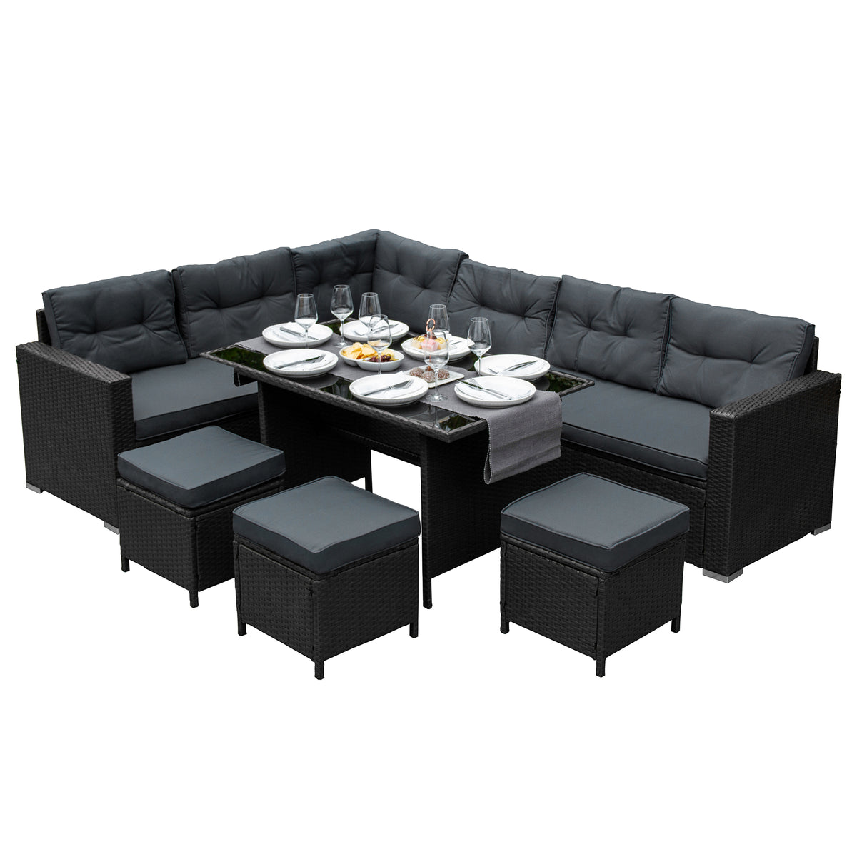 Schwarzes Polyrattan Gartenmöbel Set mit gepolsterten Sitzkissen, einem eleganten Tisch und Hockern, ideal für entspannte Außenbereiche und gesellige Zusammenkünfte