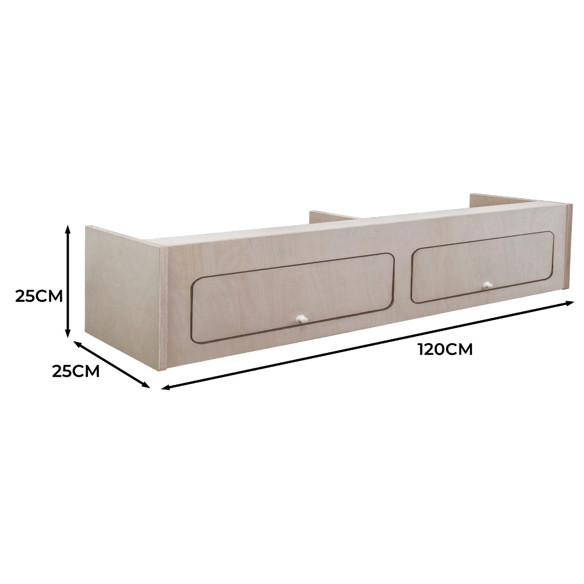 Hängeschrank für Wohnwagen in hellem Holz, 120 cm lang, 25 cm hoch und 25 cm tief, mit zwei Schubladen und modernem, minimalistischen Design