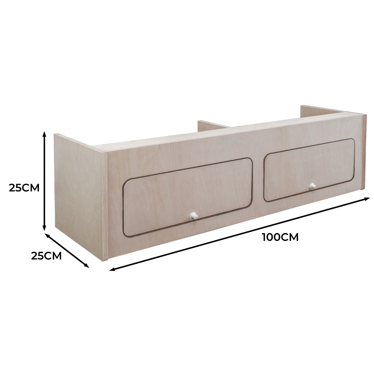 Hängeschrank für Wohnwagen in hellem Holz, 100 cm breit, 25 cm hoch und 25 cm tief, mit zwei Schubladen und eleganten Knöpfen