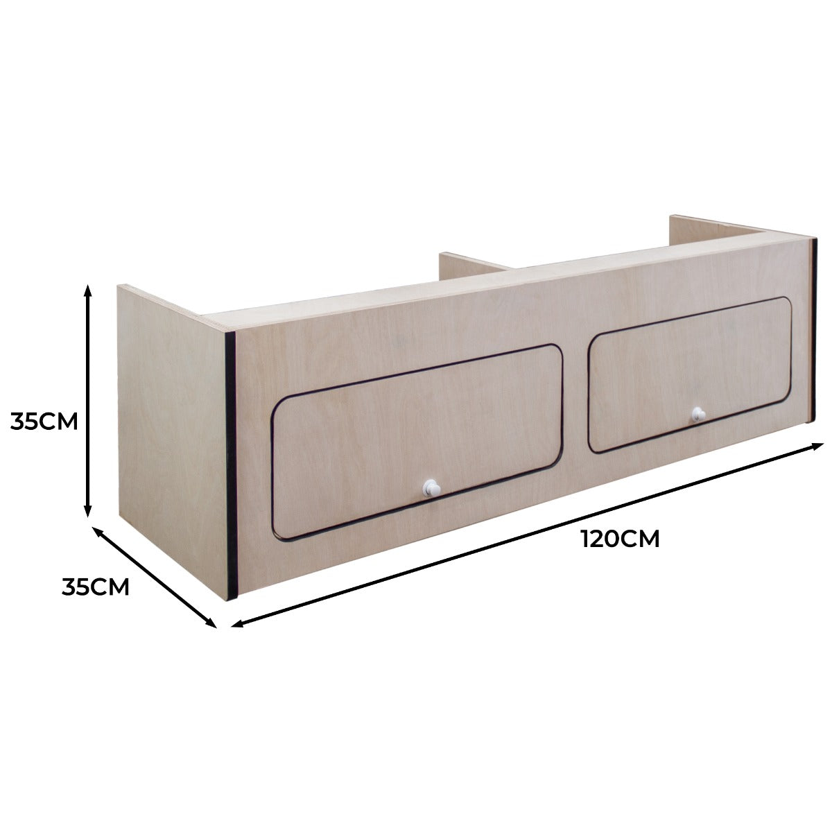 Hängeschrank für Wohnwagen in hellem Holz mit schwarzem Rand, zwei Schubladen, Maße 120cm x 35cm x 35cm, ideal für Stauraum und Organisation