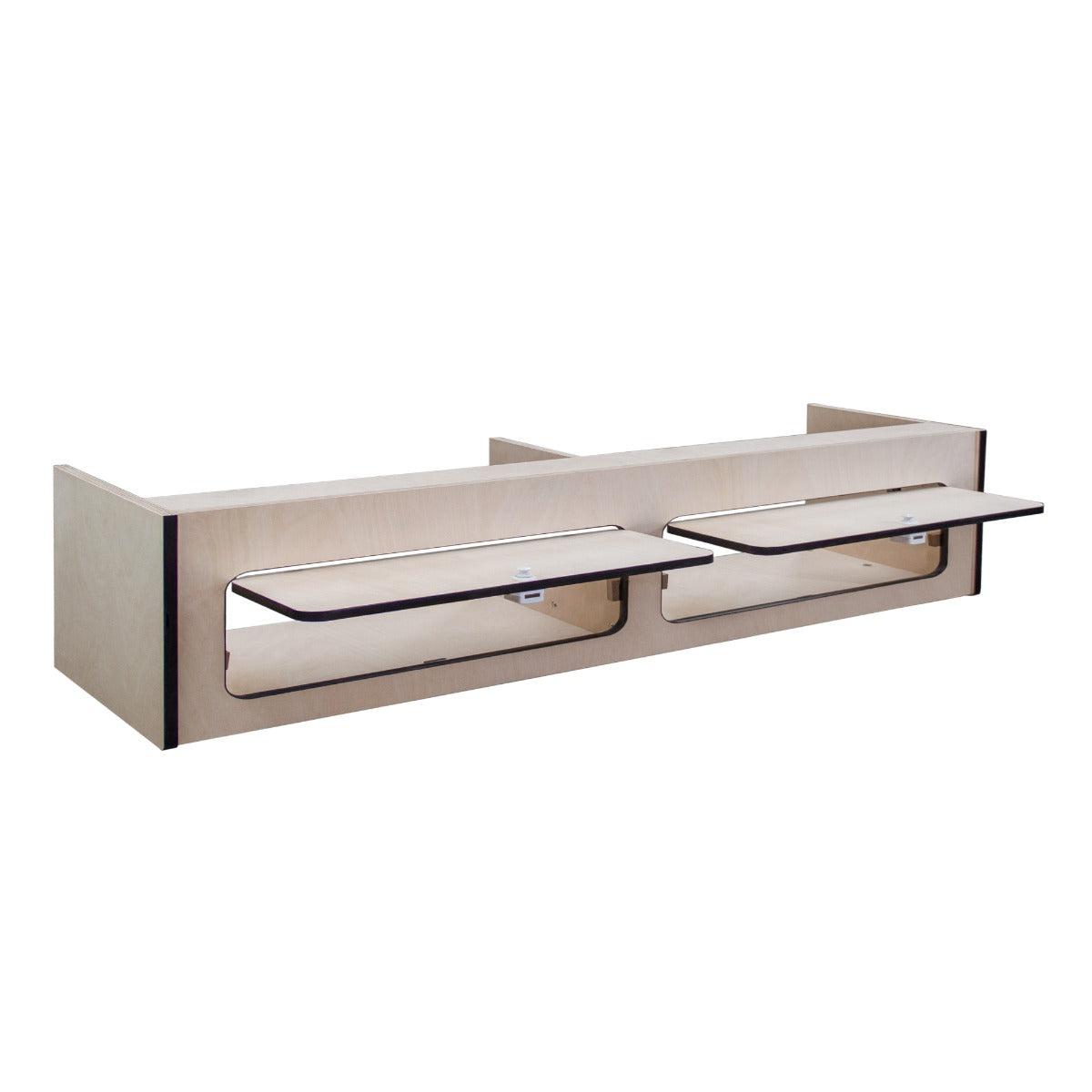 Hängeschrank für Wohnwagen in hellem Holz mit schwarzem Rand, zwei Klapptüren, ideal für platzsparende Aufbewahrung und modernes Design