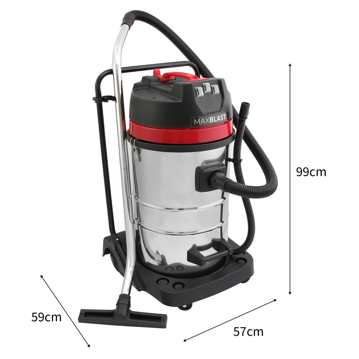Maxblast 80 L Industriestaubsauger in glänzendem Metall mit rotem Deckel, ausgestattet mit 5 Aufsätzen und 3 Staubsaugerbeuteln, ideal für professionelle Anwendungen