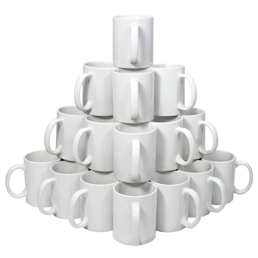 Weißer Keramikbecherstapel in pyramidenförmiger Anordnung, ideal für Sublimation, glänzende Oberfläche, 72 Becher und 10 Sublimationspapierbögen
