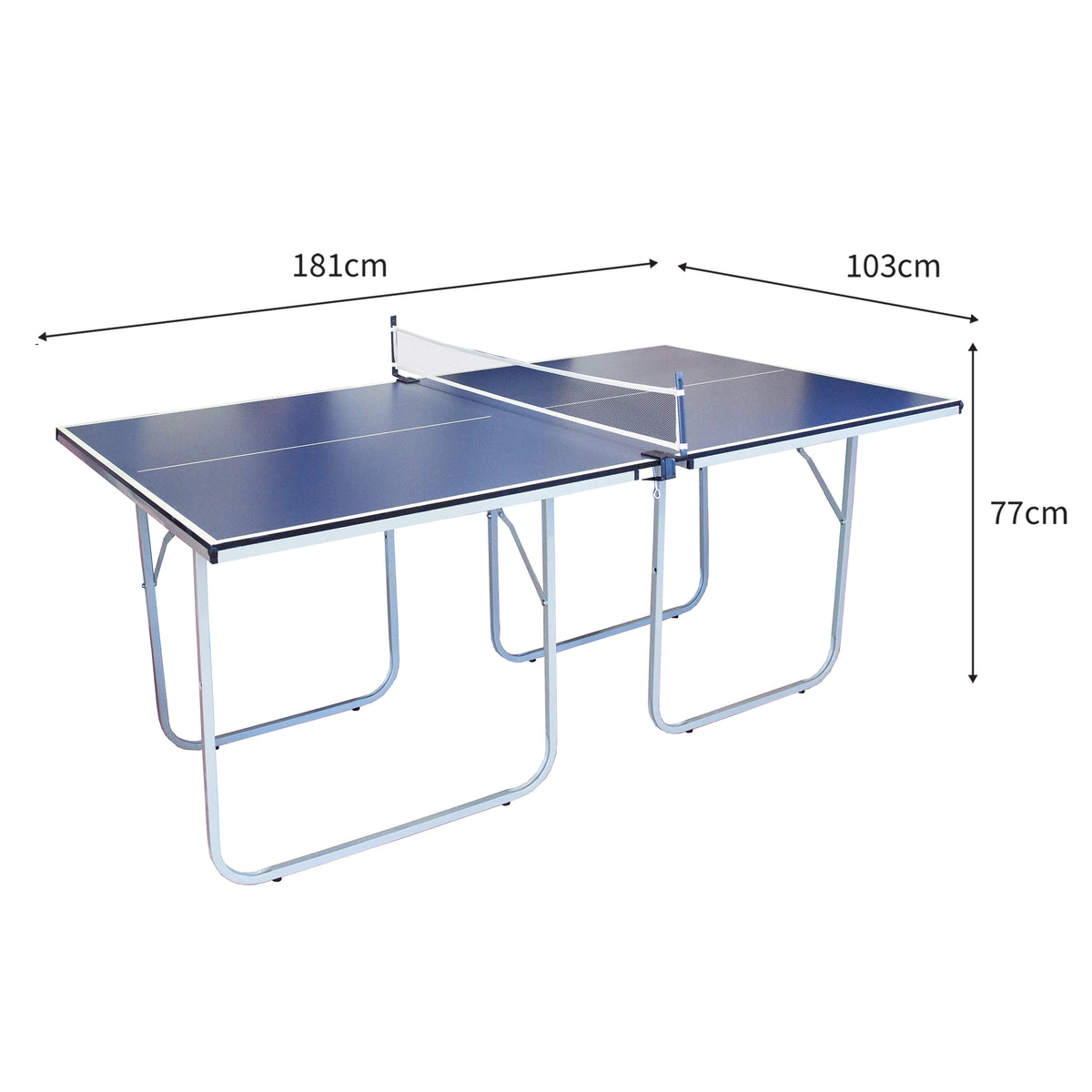 Tischtennisplatte in Blau mit stabilen Metallbeinen, Maße 181 cm x 103 cm x 77 cm, inklusive zwei zusätzlichen weißen Tischtennisbällen