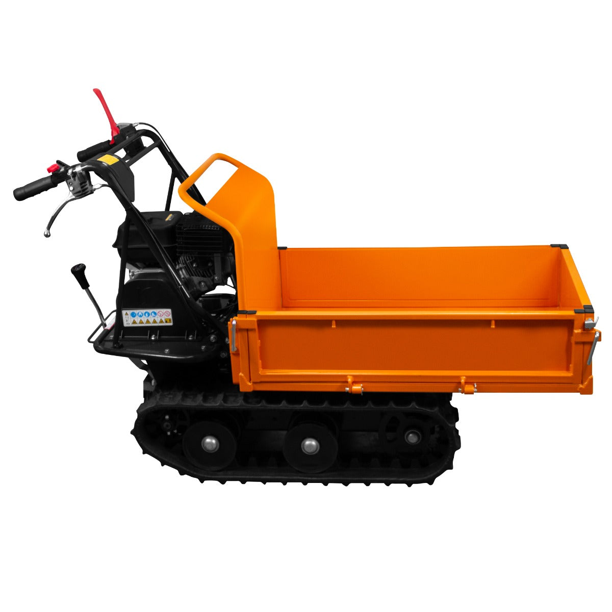Kompakter Mini Dumper Raupentransporter in leuchtendem Orange mit robustem Kettenantrieb, ideal für den Transport von Materialien in unwegsamem Gelände