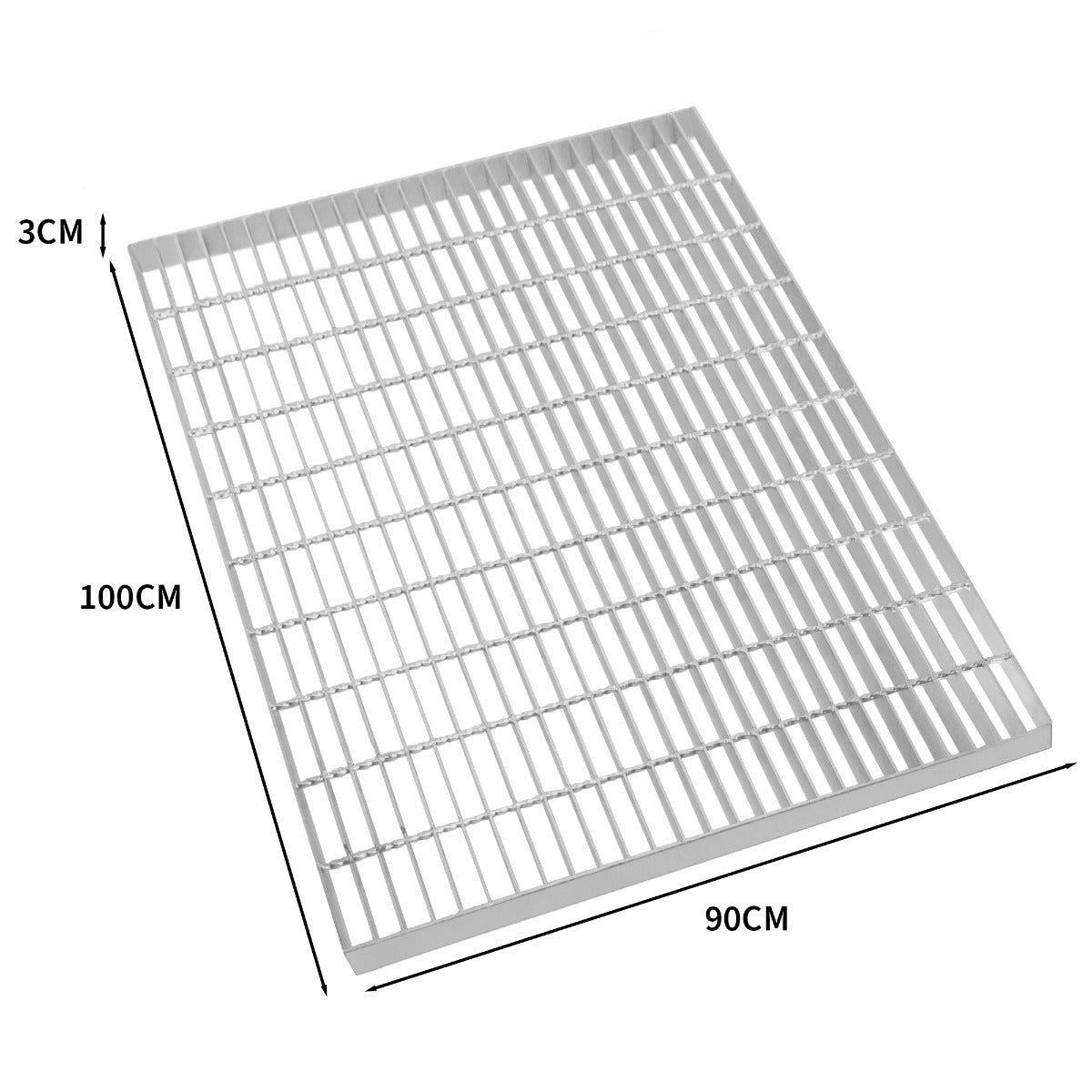 Verzinkter Gitterrost in rechteckiger Form, 1000mm x 900mm, mit gleichmäßigen, stabilen Streben und einer Höhe von 3cm, ideal für industrielle Anwendungen