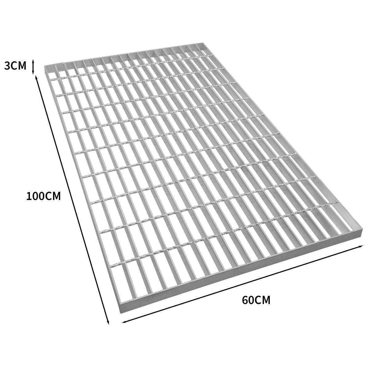 Verzinkter Gitterrost in rechteckiger Form, Maße 1000mm x 600mm, mit 3cm Höhe, robust und langlebig, ideal für industrielle Anwendungen