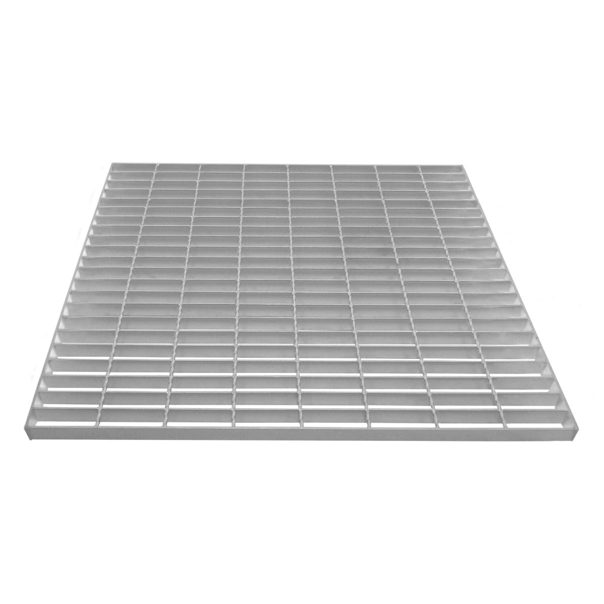 Verzinkter Gitterrost in quadratischer Form, 800mm x 800mm, mit gleichmäßigen, rechteckigen Öffnungen und glatter, silberner Oberfläche