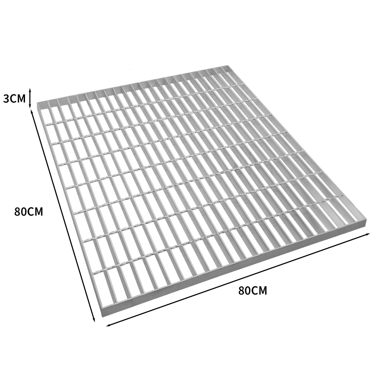Verzinkter Gitterrost in quadratischer Form, 800mm x 800mm, mit robusten, gleichmäßigen Stäben und einer silbernen, glänzenden Oberfläche