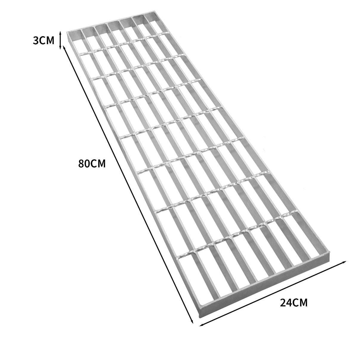 Verzinkter Gitterrost in rechteckiger Form, 800 mm lang, 240 mm breit und 30 mm hoch, mit gleichmäßigen, stabilen Streben für hohe Belastbarkeit